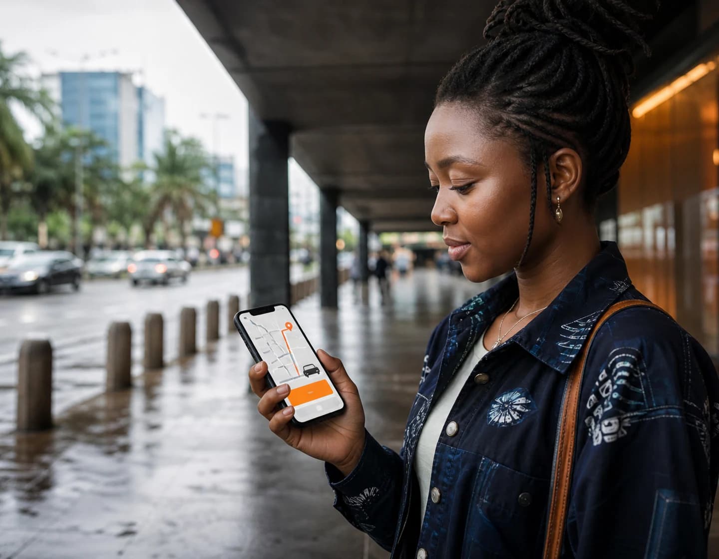 Testeuse utilisant une application mobile dans un environnement urbain au Bénin